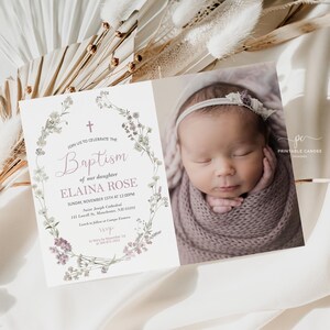 Wildflower Baptism Invitation Photo Template, Girl Baptism, Floral Baptism Invite, Dusty Pink Baptism Theme, Christening Printable DPWBT