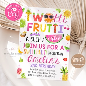 TWOtti Frutti 2nd Birthday Invitation Twotti fruity Tropical Summer Invite Template Fruit Pool Party Editable TFWCT