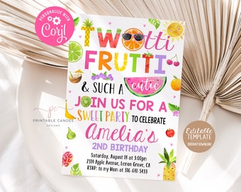 May include: A colorful printable invitation for a 2nd birthday party. The invitation features a watermelon, pineapple, kiwi, and other fruits with the text "Twotti Fruiti & Such a Cutie" and "Join us for a Sweet Party to Celebrate Amelia's 2nd Birthday".