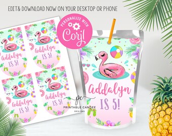 Flamingo Pool Party Juice Pouch Labels Girl Birthday Tropical Summer Favors Printable Flamingo Theme Drinks Printable