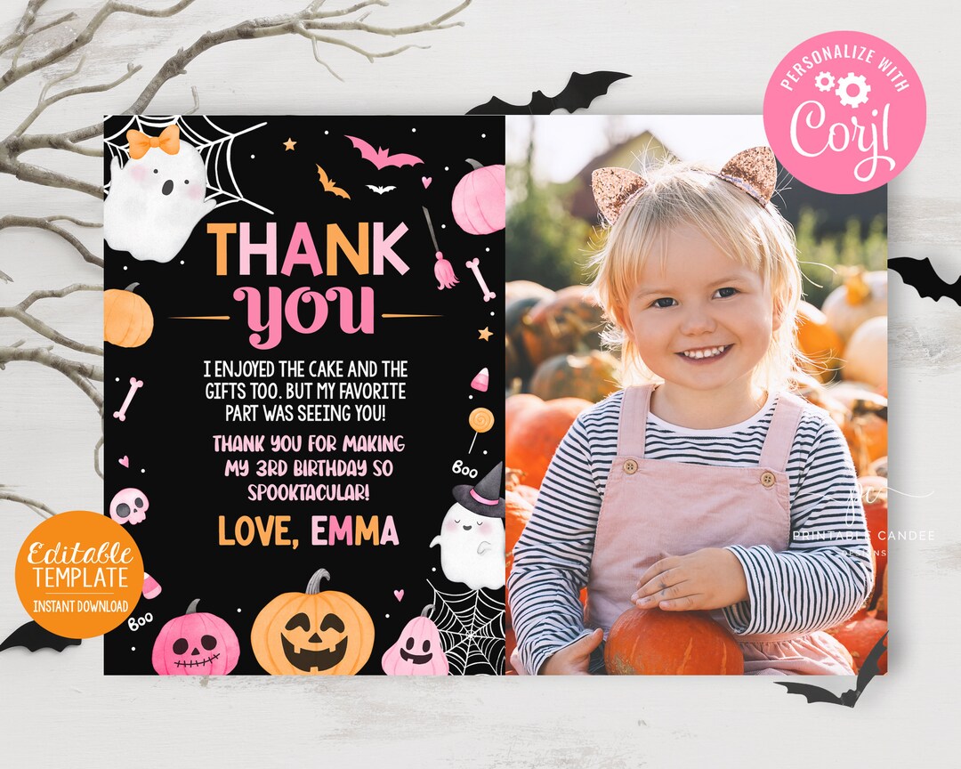 Editable Halloween Girl Birthday Thank You Pink Ghost Theme ...