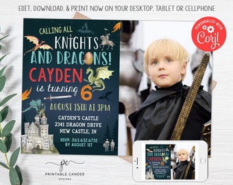 Knights and Dragons Birthday Invitation Editable Dragon Knight Party Printable Invite Boy Birthday Theme Template Instant Download