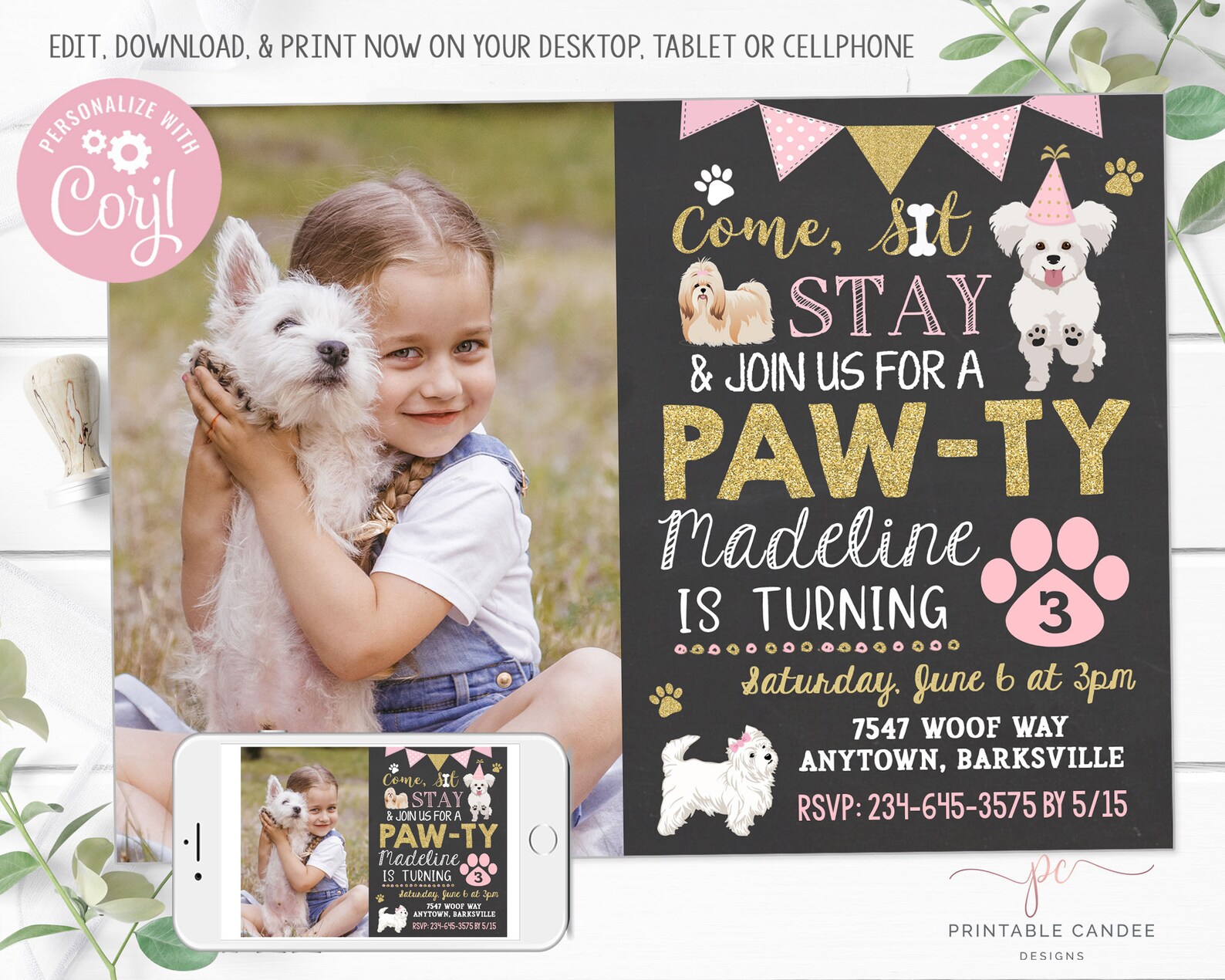 Girl Puppy Birthday Invitation Pink and Gold Dog Party Pet - Etsy