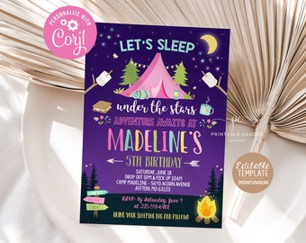Girl Camping Invitation Editable Birthday Invite Sleepover Party Glamping Adventure Editable Instant Download