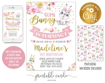 Bunny Birthday Invitation Pink Gold Easter Invite Spring Floral Girl 1st Template Instant Download Editable File Printable