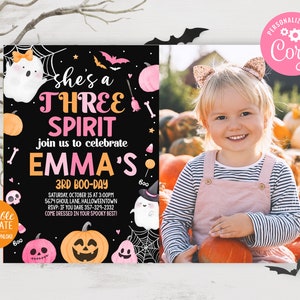 Editable Halloween Pink Ghost 3rd Birthday Invite Girl Boo Theme Three Spirit Photo Invitation Template Instant Download Printable