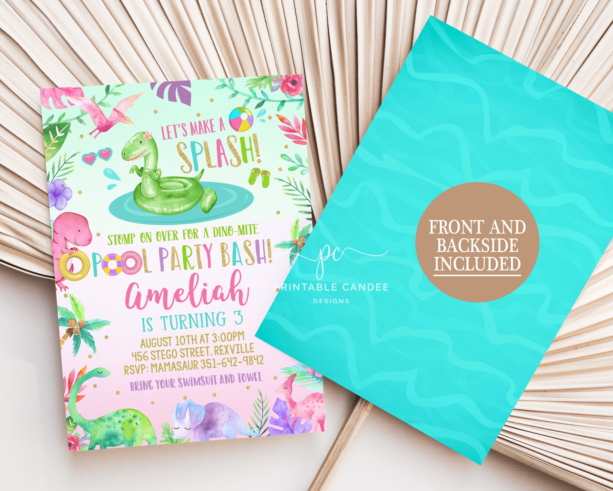Dinosaur Pool Party Invitation Editable Summer Birthday Invite Etsy