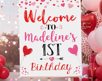 Plaque de bienvenue pour la Saint-Valentin, décoration d'anniversaire, décoration de coeur, porte de fête, imprimables mignons, doux rouge rose, modèle de Saint-Valentin CSVDT