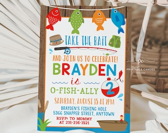 Invitación de cumpleaños de pesca. Plantilla editable e imprimible.