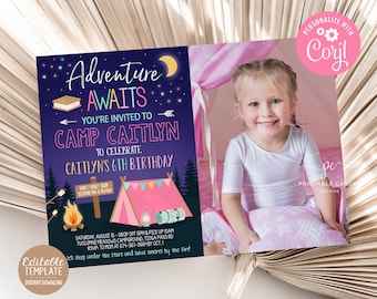 Girl Camping Invitation Editable Birthday Invite Sleepover Party Glamping Adventure Editable Instant Download