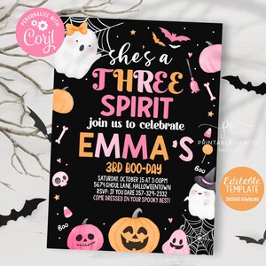 Editable Halloween Pink Ghost 3rd Birthday Invite Girl Boo Theme Three Spirit Invitation Template Instant Download Printable