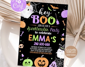 May include: Black Halloween party invitation with the text "hey BOO" in purple and green. The invitation includes illustrations of ghosts, pumpkins, bats, and a witch's broom. The invitation is for Emma's 2nd Boo-Day.