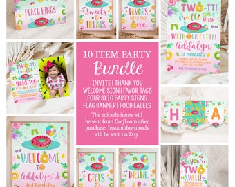 Twotti Frutti Pool Party Bundle Tutti Frutti Invitación editable Signos de fiesta de verano Decoración de fiesta de frutas Favores Paquete imprimible TFPT