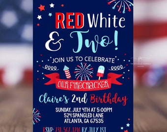 4th of July 2nd Birthday Invitation Red White and Two Firecracker Patriotic Stars Stripes Editable Template Download Printable