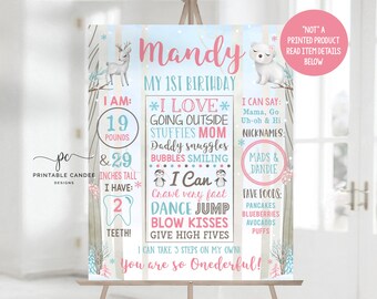 Winter Onederland First Birthday Stats Sign Girl Woodland Animals Chalkboard Snow Milestone Poster Arctic Party Decor Printable