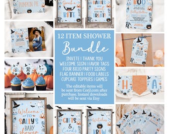 Op de afbeelding: Een blauwe en oranje Halloween baby shower party printbare bundel met 12 items. De bundel bevat een uitnodiging, een bedankkaart, een welkomstbord, gunsttags, vier 20x25 cm partyborden, een vlaggenbanner, voedsellabels, cupcake toppers en spelletjes. De tekst op het welkomstbord luidt "Welkom op Sally's Baby Shower".