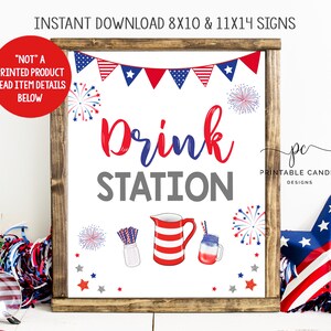 4th of July Drink Station Sign Red White and Blue Firecracker Birthday Drinks Signs Patriotic Stars Stripes Party Decor Download Printable