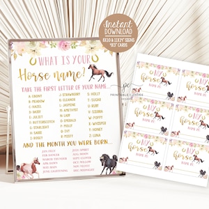 Horse Name Game Cowgirl Floral Gold Pink Theme Party Decor Printables Table Sign Instant Download
