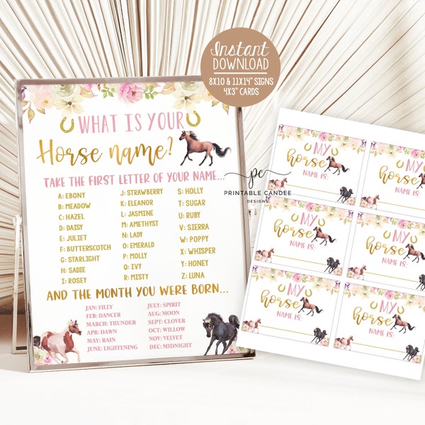 Horse Name Game Cowgirl Floral Gold Pink Theme Party Decor Printables Table Sign Instant Download