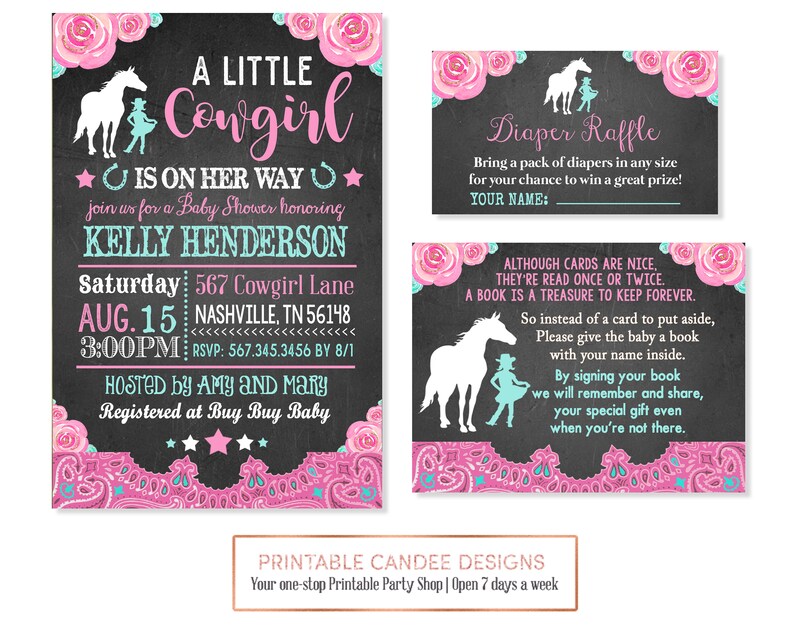 Cowgirl Baby Shower Invitation Pink Teal Western Theme Girl Etsy