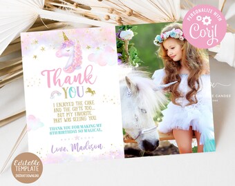May include: A pink and blue thank you card with a unicorn illustration and glitter. The text reads "Thank You" and "I enjoyed the cake and the gifts too... but my favourite part was seeing you. Thank you for making my 6th birthday so magical. Love, Madison."