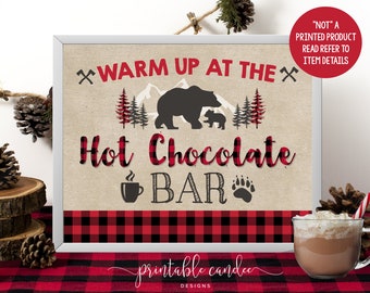 Hot Chocolate Bar Baby Shower Sign Cocoa Lumberjack Bear Buffalo Plaid Decor Theme Printable File Instant Download