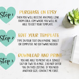 May include: Three steps to create a printable template: purchase on Etsy, edit the template, and download and print. The image includes a green succulent plant in a concrete pot, a white tray, and a white pen.
