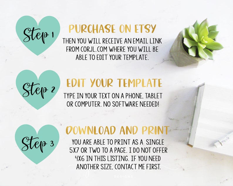 May include: Three steps to create a printable template: purchase on Etsy, edit the template, and download and print. The image includes a green succulent plant in a concrete pot, a white tray, and a white pen.