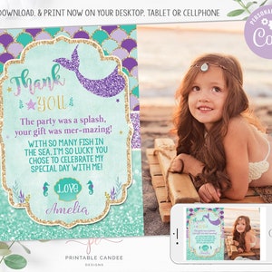 Sirène Merci violet sarcelle or fête thème carte photo téléchargement immédiat fichier modifiable fichier imprimable bricolage