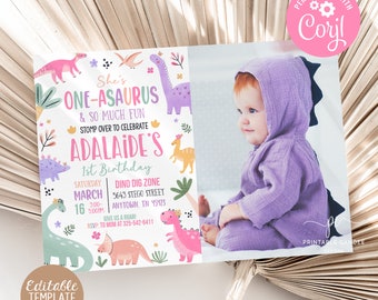 Pastel Dinosaur 1st Birthday Invitation Girl Oneasaurus Rex Party Editable Invite Cute Dino Pink Photo Template Printable DG24