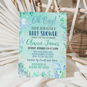 Under the Sea Baby Shower Invitation Editable Template Oh Boy Blue Teal Coral Reef Ocean Animals Turtle Printable Invite