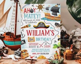 Op de afbeelding: Ahoy Matey! Een kleurrijke piraten-thema verjaardagsuitnodiging met een schatkaarten, een piratenschip en een schatkist. De uitnodiging zegt "William's 5th Birthday" en bevat de datum, tijd en locatie van het feest.