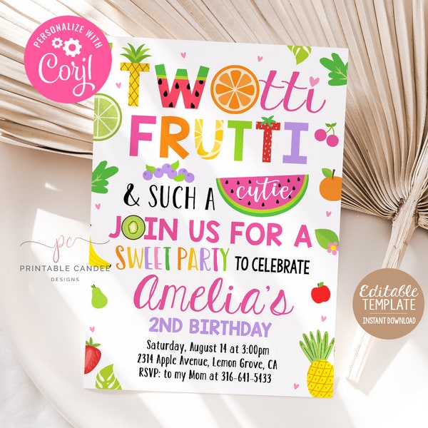 TWOtti Frutti 2nd Birthday Invitation Twotti fruity Tropical Summer Invite Template Fruit Party Editable TFWT