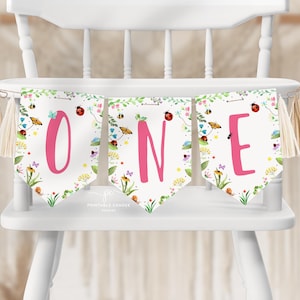 Bug Girl High Chair Banner One Flags Bugs 1st Birthday Party Decor Bee Favors Instant Download Printable PBGT