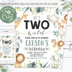 Bearbeitbare Safari Geburtstagseinladung Zwei wilde Junge laden zum 2. Geburtstag ein Dschungeltier Party Vorlage Digitaler download