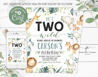 May include: A printable invitation for a second birthday party with a jungle theme. The invitation features a green, white, and gold color scheme with a variety of jungle animals, including a giraffe, elephant, lion, zebra, and rhino. The text on the invitation reads "He's Two Wild" and "Please join us to celebrate Carson's 2nd Birthday".