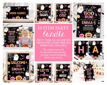 Redigerbar Halloweenfestpaket Rosa Orange Spökfestdekor Flickatema Födelsedag Spöklika Presenter Skyltar Direktnedladdning Utskrivbar Mall