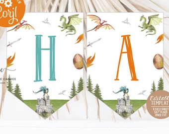 May include: Editable printable banner with a dragon theme. The banner features the letters "HA" in a white background with green, orange, and brown dragons, swords, and eggs. The banner is designed to be cut into 5x7 inch flags.