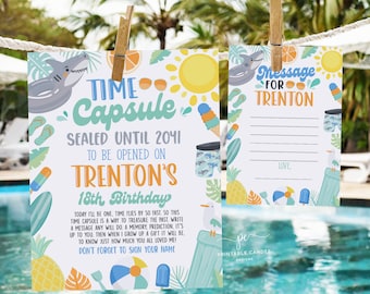 May include: A blue and yellow time capsule invitation with a shark, palm trees, and a sun. The text reads "Time Capsule Sealed Until 2041 To Be Opened On Trenton's 18th Birthday".
