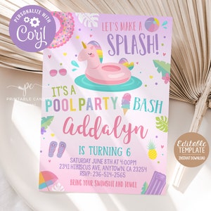 Einhorn Pool Party Einladung Sommer Geburtstag Einladen Vorlage Pastell Einhorn Thema Sofortiger Download Druckbare Datei