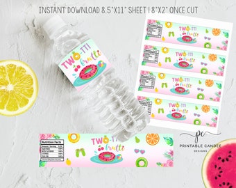 Plantilla de etiquetas para botellas de agua Twotti Frutti Pool Party Etiquetas Tutti Frutti Fiesta de frutas de verano Editable Imprimible TFPT