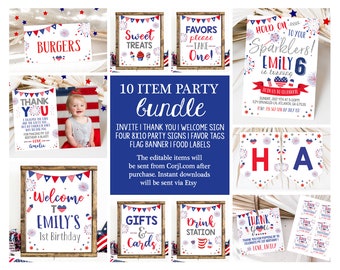 4th of July Birthday Party Bundle Red White Blue Patriotic Stars Stripes Party Signs Decor Favors Printable Package Instant Download