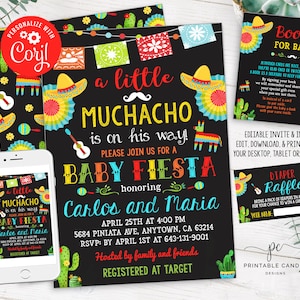 Fiesta Baby Shower Einladung Muchacho mexikanischen Kaktus Taco Party It&#39;s a Boy Invite Windel Verlosung Editierbare Datei Printable