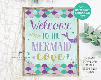 Mermaid Cove Welcome Sign Purple Teal Gold Birthday Party Theme Mermaids Decor Instant Download Printable File