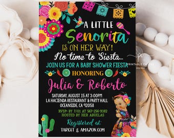 Fiesta Floral Girl Baby Shower Invitation Template Señorita Mexican Theme Cactus Editable File Printable