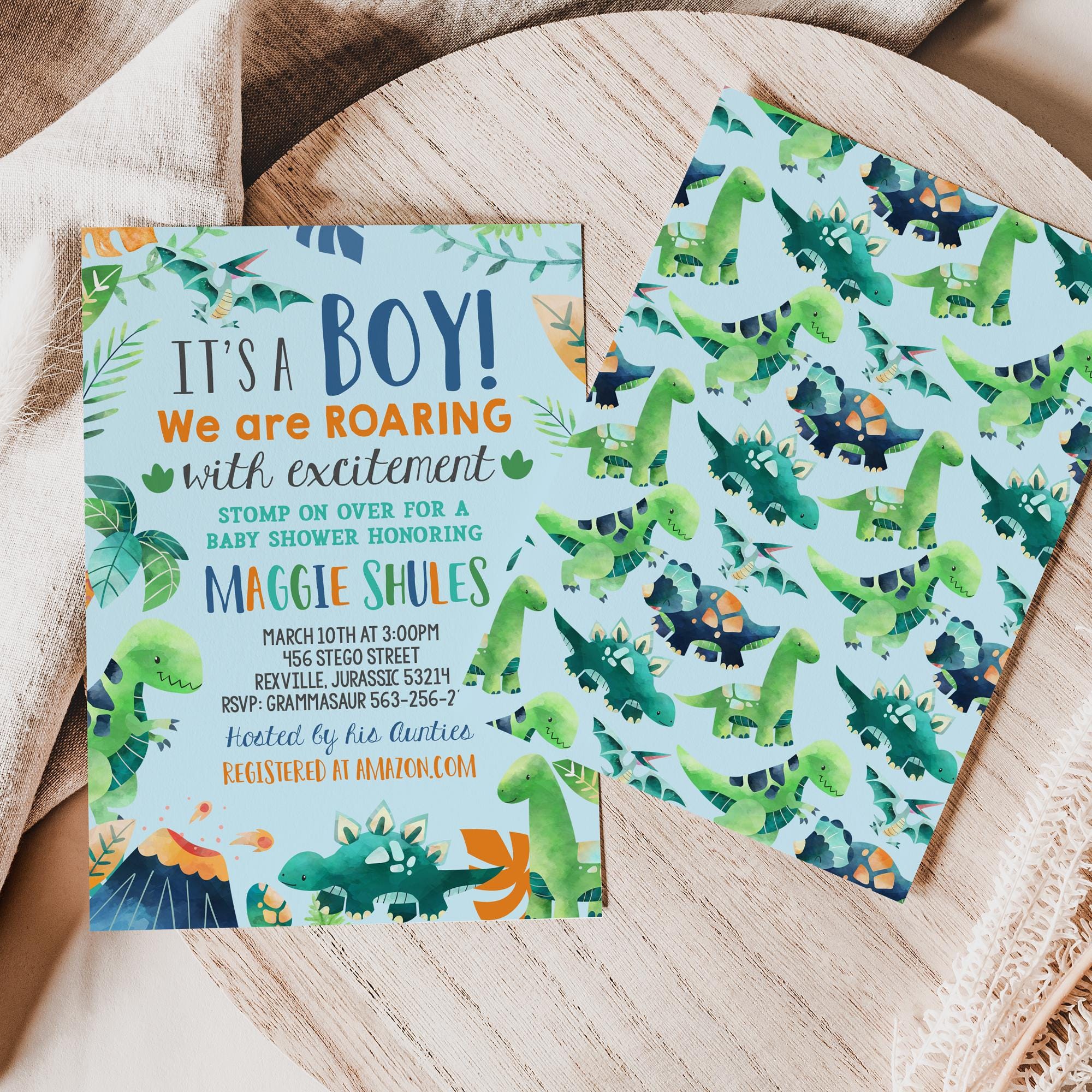 20 Inviti Baby Shower A Tema Dinosauro Con Buste – Formato 10x15 Cm, Fronte/Retro, Per Festa Di Benvenuto