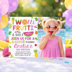 TWOtti Frutti 2nd Birthday Invitation Twotti fruity Tropical Summer Invite Photo Template Fruit Party Editable TFWT