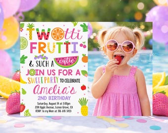 TWOtti Frutti 2nd Birthday Invitation Twotti fruity Tropical Summer Invite Photo Template Fruit Party Editable TFWT