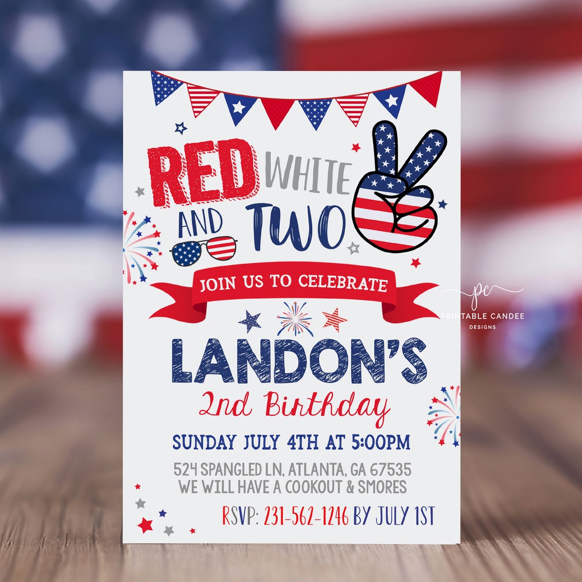 4th of July 2nd Birthday Invitation Red White and Two Patriotic Stars ...