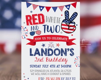 Invitación del 2 de cumpleaños del 4 de julio, plantilla editable en rojo, blanco y dos rayas y estrellas patrióticas, descarga imprimible